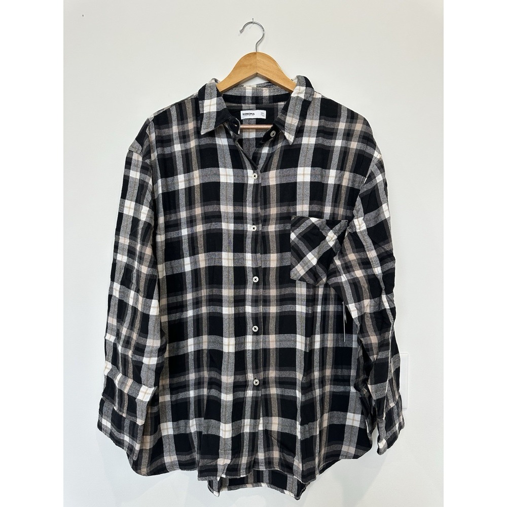 Women's Sonoma Goods For Life® Oversized Boyfriend Flannel XXL Black White Check